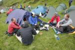 A convivial atmosphere prevails at mid camp as people meet friends