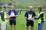 Donald Brown and Ian Pledger joke on the start line with planner Angela Mudge, asking her to show them where to go