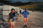 Cairngorm ski carpark: Chris Speight attaching helmet and Alec Keith
