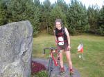 Sarah Wingrove (ladies winner) finishes at the Norwegian Stone, Glenmore
